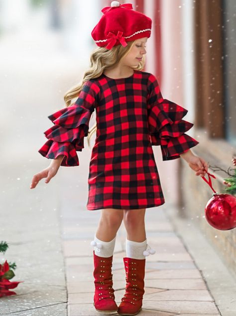 Prepare to OBSESS over our little girl's plaid Miya dress. With chic, tiered ruffle sleeves, your fashionista won't want to take it off. Just the thing for family dinners or special occasions! Shop Mia Belle Girls boutique for more winter dressy outfits for little girls. Winter Dressy Outfits, Tiered Sleeve, Chic Kids, Girls Christmas Outfits, Matching Costumes, Girlie Girl, Winter Plaid, Toddler Girl Style, Zipper Dress