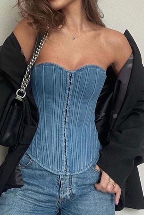 Denim Tube Top, Legging Cuir, Denim Corset Top, Moda Denim, Corset Vest, Estilo Denim, Denim Crop Top, Denim Corset, Mode Jeans