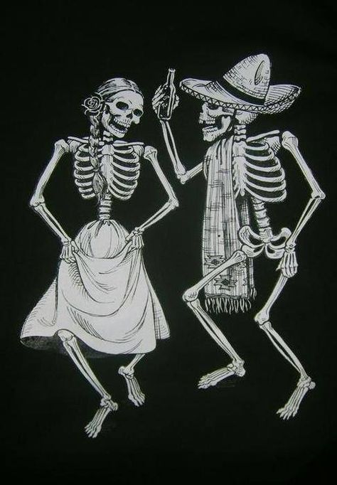 dancing skeletons tribute for my grandma. She loved music. Loved to sing. Dancing Tattoo, Mexican Skeleton, Skull Tee Shirt, Skeleton Dancing, Skeleton Dance, Day Of The Dead Art, Skeleton Tattoos, Danse Macabre, Skeleton Art