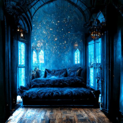 Blue gothic inspired bedroom with extra sparkle✨ Dark Ocean Decor, Blue Themed Bedroom, Goth Bedroom Ideas, Goth Bedroom, Royal Bedroom, Gothic Bedroom, Fantasy Bedroom, Fantasy Furniture, Fantasy Rooms