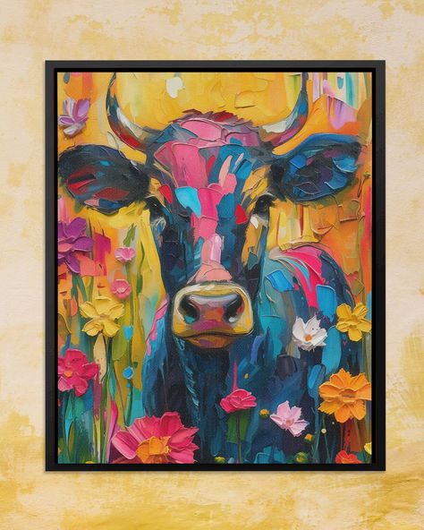 Artistic farm decor to enhance your home. Shop now at luxurywallart.com. Colorful Cow Painting, Abstract Cow Painting, Farm Mural, Paint Practice, Cow Paintings On Canvas, Cow Paintings, Farm Animal Painting, Floral Farm, Cow Art Print