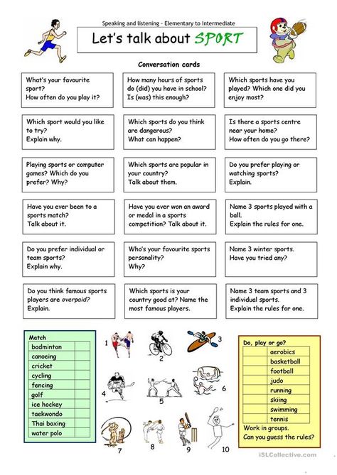 Speaking Activities English, Middle School Health, Sport English, Printable Sports, Coloring Worksheet, Free Classes, English Exercises, School Health, Kindergarten Worksheets Printable