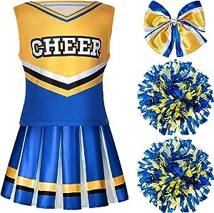 SUPER VALUE PACK : Our cheerleader costume for girls kids Includesa Bright Yellow and Blue Top, Skirt, Bow Hair clip, and 2 Pom Poms to complete a Cheerfully look! By dressing up in one of these girls cheer uniforms, your child may display her enthusiasm and cheer across the neighborhood on Halloween night. Cheerleader Costume Halloween, Girls Cheerleader Costume, Cheer Costumes, Cheerleading Party, Matching Top And Skirt, Costume For Girls, Cute Cheerleaders, Cheerleader Costume, Kids Uniforms