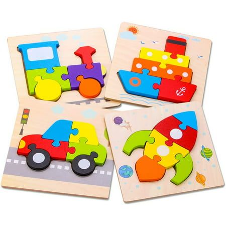 ANTIC DUCK wooden jigsaw puzzle toys comes with 4Pack with train,ship,car and rocket pattern and bright colors . Fun and Developmental Jigsaw puzzle toy Inspire your kids to recognize vehicle, shapes and colors. Improve your boys and girls' hand-eye coordination and attention. Toddloers can play these wooden puzzle toys with their friends or parents at home or on travel. The wood puzzles with round edge are more secure as toys for baby boys and girls little hands. Each colorful piece fits comfor Toddler Puzzles, Kids Preschool Learning, Diy Educational Toys, Learning Shapes, Puzzles For Toddlers, Educational Baby Toys, Kids Wooden Toys, Wooden Baby Toys, Wooden Jigsaw Puzzles