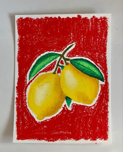 Lemon Oil Pastel Drawing, Lemon Pastel Drawing, Fruit Pastel Drawing, Oil Pastel Art Food, Oil Pastel Lemon, Oil Pastel Fruit Drawings, Oil Crayon Art Ideas, Oil Pastel Food, Oil Crayon Art