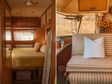 Woman Driving Around US in Retro Camper Van With Mid-Century Features Camper Van Decor, Motorhome Renovation, Retro Camper Van, Small Camper Interior, Planet Caravan, Hippie Camper, Vintage Motorhome, Van Decor, Diy Trailer