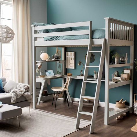 Loft Bed Teen, Loft Bed Ideas For Teens, Loaf Bed, Loft Bed Ideas, Double Loft Beds, Loft Beds For Teens, Girls Blue Bedroom, Loft Beds For Small Rooms, Modern Loft Bed