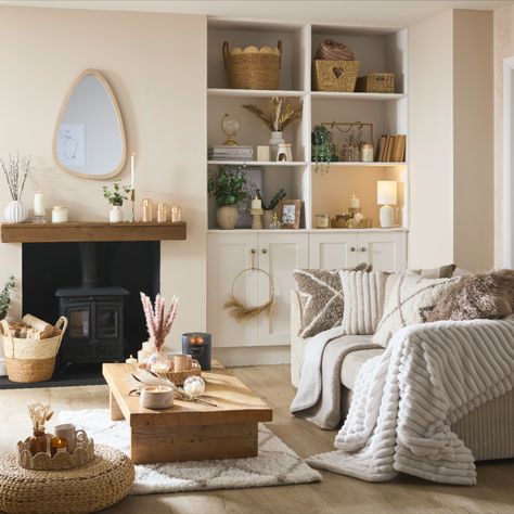 Enjoy neutral colour tones, minimalist decorations and plenty of coordinating products to bring life to any space with our Quiet Life Decor range. Taking inspiration from the natural world, we’ve created a range which celebrates the neutral, natural, and muted tones that work wonderfully in many homes. Sofa Throw Ideas, Brick Fireplace Log Burner, Ideal Home Magazine, Calm Environment, Natural Decorations, Fireplace Logs, Quiet Life, Log Burner, Natural Design