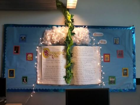 I finally made my dream bulletin board!  The giant book has the first few paragraphs of "Jack and The Beanstalk" written on it. Dream Bulletin Board, Book Bulletin Board, Reading Display, Library Bulletin Board, Reading Bulletin Boards, Traditional Tales, Class Displays, Library Bulletin Boards, Book Displays