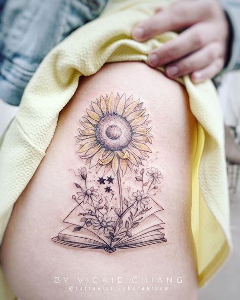 Sunflower And Books Tattoo, Book And Sunflower Tattoo, Sunflower Book Tattoo, Altar Tattoo, Intuitive Tattoo, Earth Altar, Earth Tattoo, Create A Tattoo, Vegan Tattoo