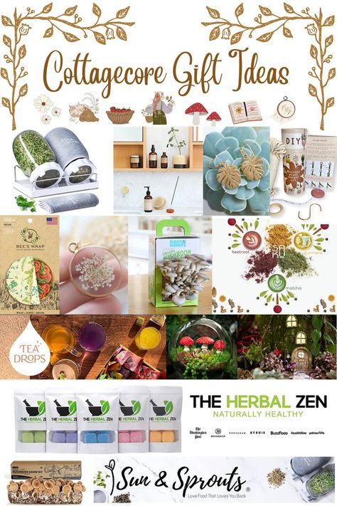 Looking for unique gift ideas at the last minute? Check out these recommendation curated for cottagecore girlies. This list includes sustainable products from small businesses many of which are handmade. Grow your own mushrooms, sprouts, microgreens, make a fairy garden, make hand crafted tea and lattes, and much more. All curated gifts from small businesses in the USA Gifts For Mushroom Lovers, Cottagecore Gifts Ideas, Small Business Ideas For Women Products, Cottagecore Gift Ideas, Cottagecore Diys, Cottagecore Friends, Mushroom Gift Ideas, Make A Fairy Garden, Small Business Gift Ideas