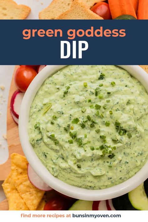 This Green Goddess Dip recipe is creamy, herby, and perfect for spring or summer. Serve with a variety of dippers, like raw veggies, chips, crusty bread, or crackers! Green Goddess Dip Recipe, Pub Snacks, Green Goddess Dip, Green Goddess Salad Dressing, Mini Meals, Green Dips, Raw Veggies, Party Snacks Easy, Crock Pot Dips