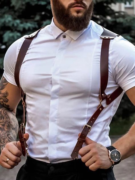 Mens Leather Harness Fashion, Leather Chest Harness Men, Mens Harness Fashion, Leather Suspenders Men, Groom Suspenders, Suspenders Wedding, Leather Outfits, Suit Ideas, Suspenders Men