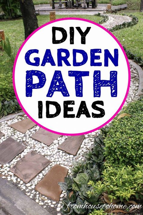 These beautiful garden path ideas provided so much inspiration for my backyard walkway. I made the DIY stepping stones but there's lots of other options for brick, wooden, mulch, grass, stone, and flagstone paths that will make your garden design look beautiful. #fromhousetohome #gardenpaths #pathsandwalkways #walkways #diyprojects #gardendesign Diy Garden Path, Garden Path Ideas, Mosaic Walkway, Gravel Walkway, Garden Patios, Whimsical Diy, Stone Garden Paths, Flagstone Walkway, Flagstone Path