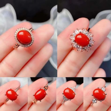 Red Coral Ring Design Women, Coral Ring Designs For Women, Coral Rings, Coral Stone Ring, Jade Accessories, Silk Thread Earrings Designs, Coral Jewellery, Stone Ring Design, Red Coral Ring