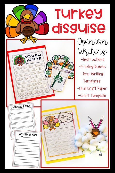 Thanksgiving-themed assignment for opinion paragraph writing. Parent instructions included for the option of sending home as a project or homework.  Students brainstorm a disguise for their turkey, complete an outline/planning page and rough draft, edit/revise with a checklist, and write a final draft. They also do a craft where they create the disguise on a paper turkey. Opinion Paragraph Writing, Opinion Paragraph, Turkey Writing, Thanksgiving Writing Activity, Opinion Writing Activities, Turkey In Disguise, Disguise A Turkey, Turkey Disguise Project, Thanksgiving Lessons