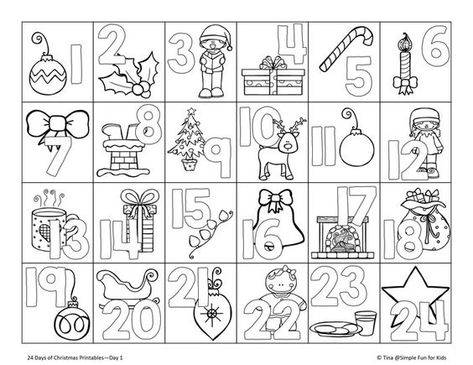 24 Days of Christmas Printables - Day 1!Get ready for the Christmas countdown with this cute no-prep advent calendar coloring page! Christmas Countdown Coloring Pages, Coloring Advent Calendar, Advent Calendar Numbers Printable Free, Printable Christmas Countdown, 24 Days Of Christmas, Advent For Kids, Printable Advent Calendar, Day 1, 1 Advent