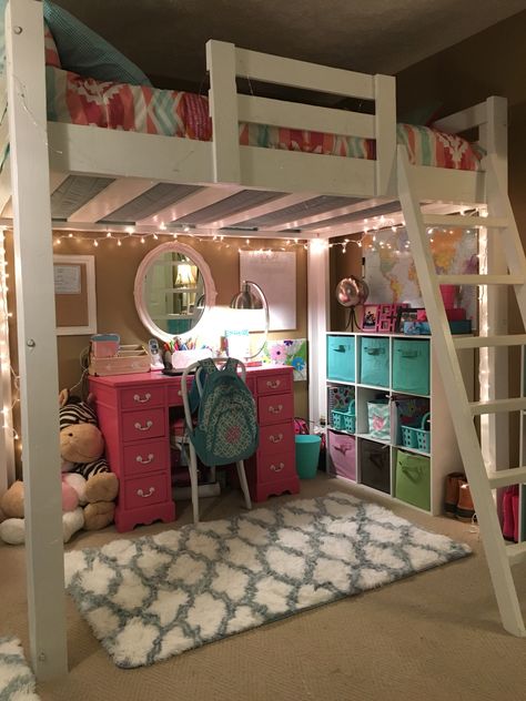 Big girl room with loft bed. Homemade Loft Bed Ideas, Queen Loft Bed Ideas, Girls Loft Bed Decorating Ideas, Loft Bed Teen Room, Kids Loft Bed Ideas, Room With Loft Bed, Under Loft Bed Ideas, Queen Loft Bed, Room With Loft