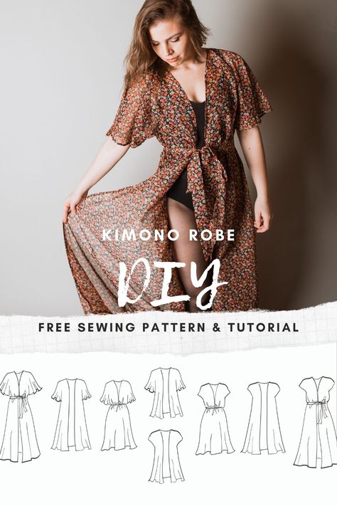 Free allure robe dress sewing pattern and tutorial. Easy sewing project for beginners. Kimono shirt, overdress, swimsuit cover, flutter sleeve dress. Kimono Sleeve Dress Pattern, Sew Robe Pattern, Easy Robe Pattern, Easy Sewing Patterns Dresses, Duster Sewing Pattern Free, Coverup Sewing Pattern, Free Robe Pattern Sewing, Robe Dress Pattern, Kimono Diy Pattern