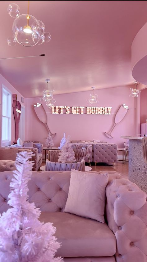 the girls are gonna lovvveeee this 💕😭✨🥂 📍 @brookes.bubble.bar in Fredericksburg, TX This is the most iconic and new spot on Main Street—… | Instagram Girly Home Bar, Girly Bar, Party Rooms, Bubble Bar, White Patio, Girly Pop, Pink Bar, Divine Guidance, You Name It