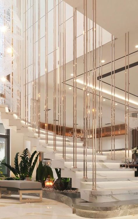 Luxury Lobby Interior Design, Modern Lobby Design, درابزين السلم, Luxury Houses Entrance, Luxury Stairs, Staircase Interior Design, Luxury Staircase, Staircase Design Modern, Staircase Railing Design