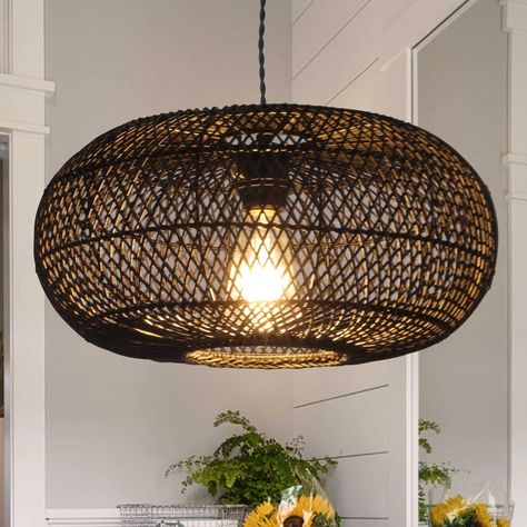 Rattan Pendant Light 15.75" 1-Light Hand-Woven Bamboo Rattan Hanging Lamp Large Globe Wicker Chandelier Modern Bohemian Adjustable Pendant Lamp for Kitchen Island Farmhouse Outdoor Porch Black.… - Amazon.com Wicker Chandelier, Kitchen Island Farmhouse, Island Farmhouse, Lamp For Kitchen, Lamps For Kitchen, Lamp Large, Farmhouse Outdoor, Rattan Shades, Rattan Pendant