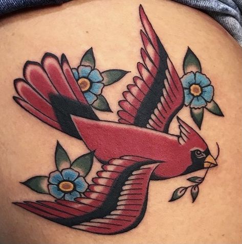 American Traditional Cardinal Tattoo, American Traditional Bird Tattoo, Traditional Cardinal Tattoo, Modern American Traditional Tattoo, Cardinal Tattoo, Cardinal Tattoos, Peacock Tattoo, Retro Tattoos, Traditional Tattoo Sleeve