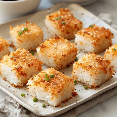 Crispy Sushi Rice Squares Sushi Rice Squares, Crispy Rice Squares Sushi, Crispy Fried Rice Squares, Fried Rice Squares, Leftover Sushi Rice, Crispy Sushi Rice, Rice Paper Recipes, Tuna Rice, Crispy Rice