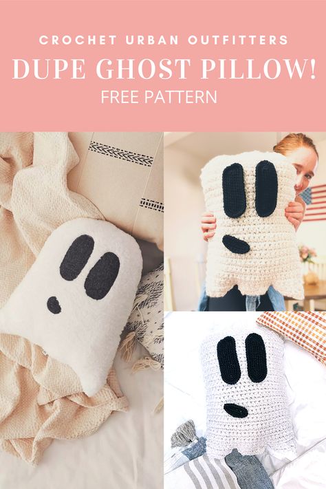 Crochet Ghost Pillow! Free Pattern and video tutorial! Great for beginner and advanced crocheters (because it is just so dang cute and spooky!) Ghost Blanket Crochet, Ghost Pillow Crochet, Ghost Pillow Crochet Pattern, Crochet Ghost Pillow Pattern Free, Ghost Pillow Pattern, Spooky Crochet Patterns Free, Crochet Halloween Pillow, Crochet Ghost Pillow, Crochet Ghost Pattern Free