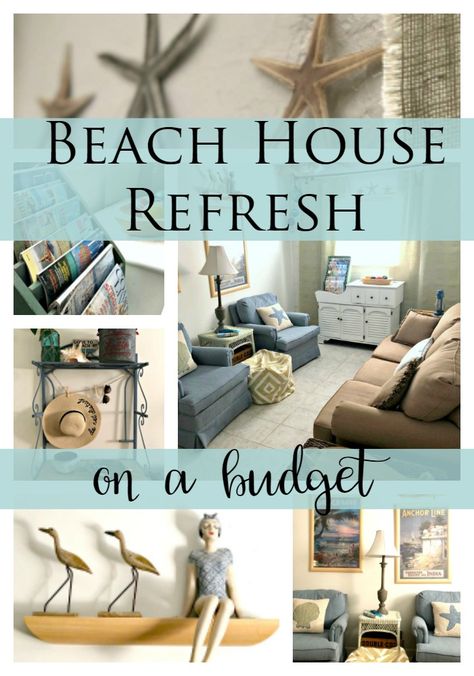 Beach House Refresh on a Budget- Lots of great ideas for giving a small beach house a makeover to maximize space without spending much. Beach House Makeover Before After, Beach Renovation Ideas, Beach House Decor Diy Budget Kitchen Makeovers, Beach House Chic Interior Design, Beach House Decor On A Budget, Decorating Beach House Ideas, Beach House Necessities, Tiny Beach House Interior Coastal, Small Beach House Kitchen Cottage