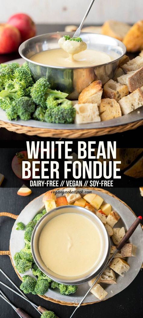 White bean beer fondue makes for a fun appetizer to be shared among friends, whether for a dinner party or a game night! This creamy, low-fat, fondue is a delicious crowd-pleaser, especially with its beer-tinged aroma. #veganbowlattack #vegan #soyfree #dairyfree #appetizer Vegan Dressings, Healthy Munchies, Vegan Appetizer, Plat Vegan, Vegan Party Food, Satisfying Eats, Vegan Party, Veg Food, Appetizers For A Crowd