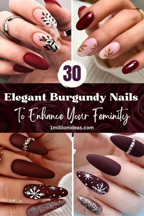 30 Elegant Burgundy Nails To Enhance Your Feminity Burgundy Nail Designs For Wedding, Burgundy Bride Nails, Burgundy Christmas Nails Acrylic, Burgundy Nails 2023, Almond Nails Burgundy Design, Acrylic Nail Designs Maroon, Fun Wedding Nails Design, Burgundy Formal Nails, Burgundy Nails With Accent Nail