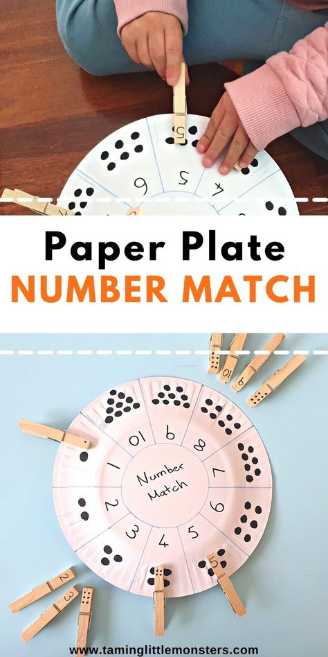 Paper Plate Number Match Activity. Practice number recognition, counting and fine motor skills with this easy math activity for preschoolers. #math #preschool #finemotor Paper Plate Math Activities, Paper Plate Learning Activities, Number Grouping Activities Preschool, Paper Plate Activities For Preschoolers, Number Projects For Preschoolers, Pre K Number Recognition Activities, Number 20 Activities For Preschool, Pre K Activities Crafts, Math Ideas For Preschoolers