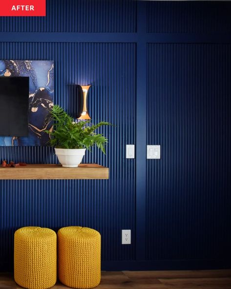 Tv Wall Storage, Tutor Style Homes, Blue Beadboard, Wall Transformation, Wooden Accent Wall, Tv Mounted, Navy Paint, Blue Accent Walls, Dark Blue Walls