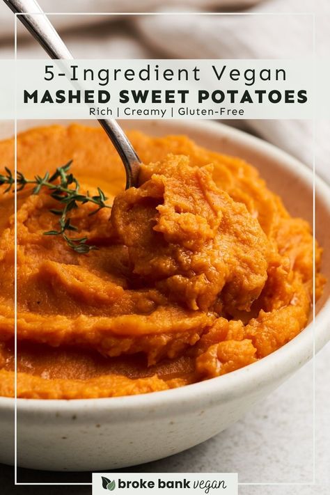 Try vegan mashed sweet potatoes for a rich, creamy, and sweet side dish without the need for dairy-based ingredients! This recipe is ready in less than 30 minutes and made with just 5 ingredients. It’s decadent enough for the holidays but quick and easy enough to make for busy weeknight dinners. #veganmashedsweetpotatoes #mashedsweetpotatoes #vegansides Dairy Free Mashed Sweet Potatoes, Vegan Sweet Potato Mash, Vegan Mashed Sweet Potatoes, Vegan Sweet Potato Recipes, Vegan Sweet Potato Casserole, Vegan Breakfast Casserole, Sweet Potato Recipes Mashed, Mashed Sweet Potato, Vegan Mashed Potatoes