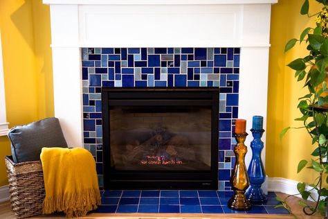 Blue Craftsman Fireplace Yellow Fireplace, Blue Craftsman, Tiled Fireplace, Red Brick Fireplaces, Craftsman Fireplace, Lantern Tile, Brick Hearth, Stone Fireplace Surround, Mercury Mosaics