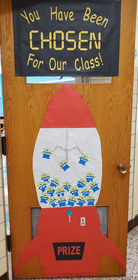 Toy Story Space Theme, Toy Story Kindergarten Classroom, Buzz Light Year Classroom Door, Disney Door Decorating Contest, Toy Story Hall Decorations, Outer Space Door Decorations Classroom, Outer Space Classroom Door, Toy Story Classroom Theme Bulletin Board, Alien Classroom Theme