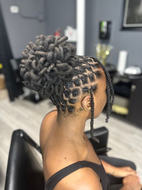 Loc Petal Bun With Swoop, Flower Locs Style, Females With Dreads Locs, Pedal Dread Styles, Locs Styles For Prom, Dread Bun Styles Women, Dreadlocks Bun Hairstyles, Petal Hairstyle For Locs, Peddle Bun Locs