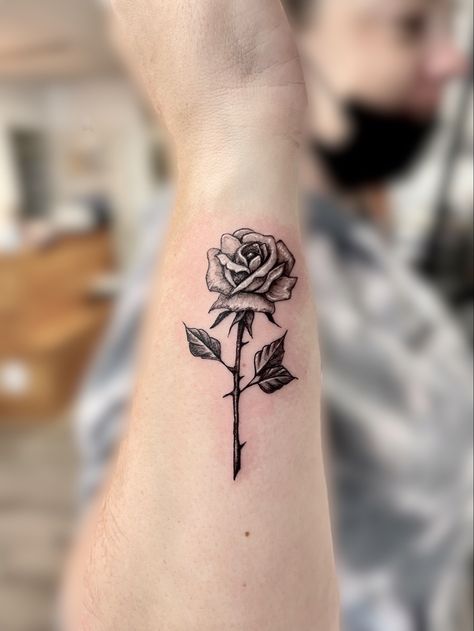 Single Rose Stem Tattoo, Rose Tattoos With Names Stem, Black Shaded Rose Tattoo, Rose Shaded Tattoo, Masculine Rose Tattoo Men, Black And White Rose Tattoo Forearm, Rose Shading Tattoo, Heavy Shading Tattoo, Solid Black Rose Tattoo