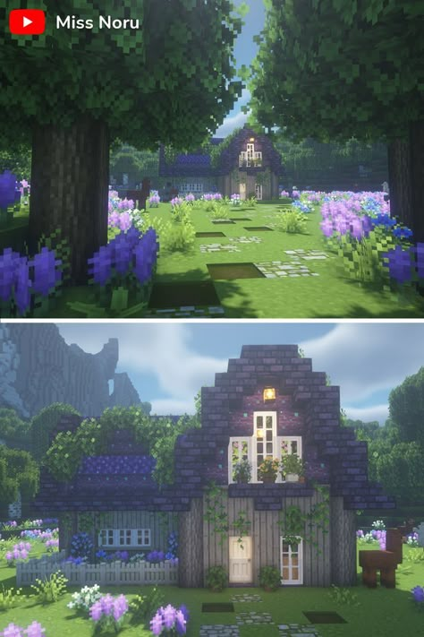 Minecraft Purple Aesthetic, Minecraft Houses Purple, Purple Cottagecore Aesthetic, Minecraft Purple House, Purple Minecraft House, Cute Cottage Minecraft, Witch House Minecraft, Minecraft Empire, Cottagecore House Minecraft