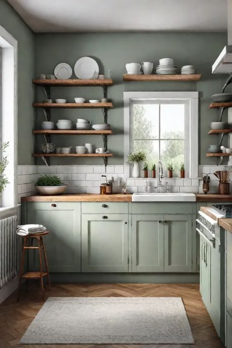 Refinished cabinets open shelving white subway tile Green Cabinets White Subway Tile, Bottom Cabinets Only Kitchen, U Shaped Kitchen Interior, Kitchen Without Cabinets, Refinished Cabinets, Budget Friendly Kitchen Remodel, Small Kitchen Ideas On A Budget, Cheap Kitchen Makeover, Heritage Kitchen