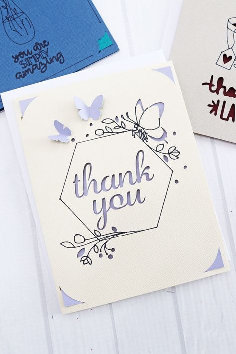 Diy Greeting Cards With Cricut, Best Card Making Ideas, Cricut Joy Insert Cards, Thank U Cards Handmade, Card Decoration Ideas Creative, Insert Cards Cricut, Thank You Design For Project, Thank You Greeting Cards Handmade, Thank You Cards Design Ideas