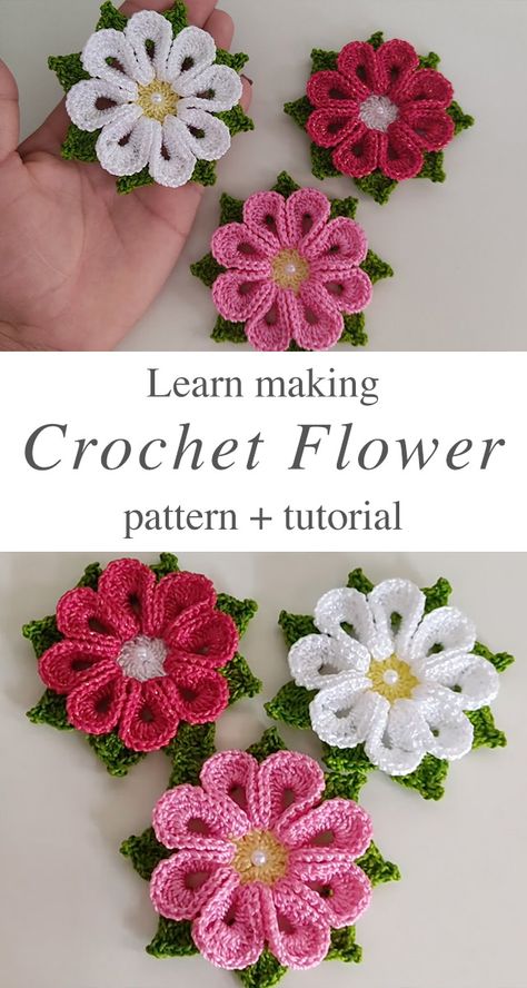 Crochet Flower Pattern Free, Crochet Flower Pattern, Crochet Flowers Easy, Crochet Flowers Free Pattern, Crochet Plant, Crochet Leaves, Crochet Stitches For Beginners, Crochet Flower Tutorial, Crochet Rose