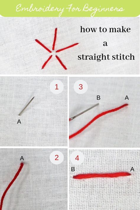 Learn how to make a straight stitch with step by step photos Straight Stitch Embroidery, Straight Stitch Sewing, Beginners Crochet, Colorful Embroidery, Cozy Crochet, Basic Embroidery Stitches, Embroidery Stitches Tutorial, Crochet Stitches For Beginners, Sewing Stitches