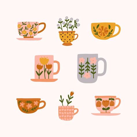 Freepik Illustration, Tea Cup Drawing, Floral Cartoon, Flowers Ornaments, Mug Drawing, Tea Illustration, 달력 디자인, 귀여운 음식 그림, Cute Flowers