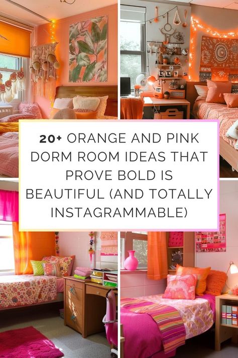 20  Orange and Pink Dorm Room Ideas That Prove Bold is Beautiful (and Totally Instagrammable) - HearthandPetals Pink Dorm Room Ideas, White Dorm Room, Dorm Themes, Pink Dorm Rooms, College Dorm Room Inspiration, Room Pics, Pink Ideas, Pink Dorm, Boho Dorm