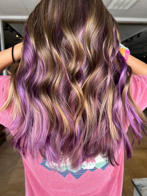 Streaks Of Purple In Hair, Purple Streaks In Brown Hair Highlights, Brown Hair With Pink And Purple Highlights, Light Brown Hair With Purple Highlights Underneath, Peekaboo Hair Color Pink And Purple, Peeka Boo Highlights Brunettes, Light Brown With Purple Hair, Purple Under Layer Hair, Purple Hair Lowlights