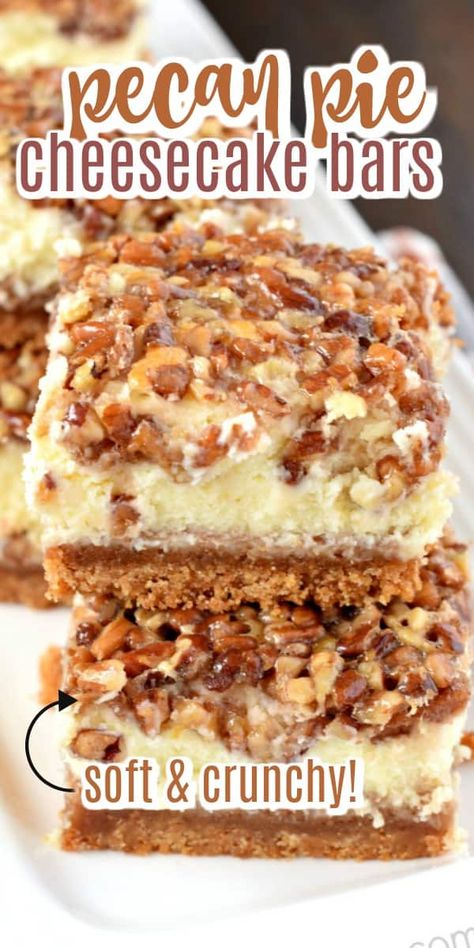 The layers on these Pecan Pie Cheesecake Bars are incredible! One tasty bite and you'll fall in love! From the graham cracker crust, to the sweet cheesecake filling and the pecan pie topping, this holiday dessert receives rave reviews from everyone! Pecan Pie Cheesecake Bars Recipe, Pecan Pie Cheesecake Bars, Pecan Desserts, Pecan Pie Cheesecake, Shugary Sweets, Pie Cheesecake, Baking Christmas, Cheesecake Bar Recipes, Dessert Bar Recipe