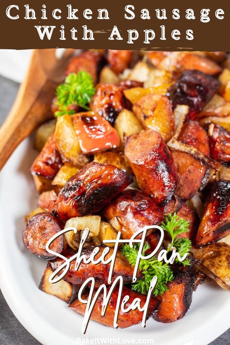 This chicken sausage with apples, onions, and potatoes sheet pan dinner is easy to make and bursting with sweet and savory flavors! With just 10 minutes of prep work, you'll have a mouthwatering meal that's sure to please everyone at the table! Simply toss all the ingredients together, place them on a baking sheet, then let the oven do the work for you! BakeItWithLove.com #bakeitwithlove #chicken #sausage #apples #onions #potatoes #dinner Sausage Apples And Onions, Chicken Sausage Potato Bake, Chicken Apple Sausage And Potatoes, Apple Sausage Sheet Pan Dinner, Sheet Pan Chicken Sausage And Potatoes, Chicken Apple Sausage Sweet Potato, Adele Chicken Apple Sausage Recipes, Apple Chicken Sausage Sheet Pan, What To Make With Chicken Apple Sausage