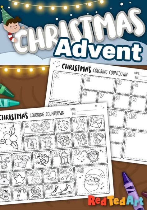 Advent Calendar Coloring Page Printable - RedTedArt Christmas Fun Christmas List Printable Free Kids, Free Printable Christmas Decorations, Christmas Countdown For Kids, Advent Coloring Pages, Kids Christmas Activity, Love Advent Calendar, Countdown For Kids, Simple Nativity, Countdown Activities